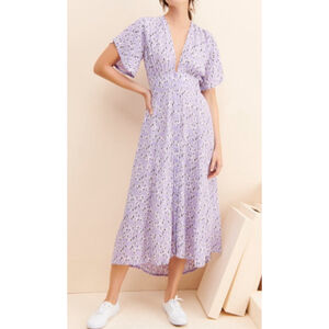 Rue Stiic Dress Size Small Purple Leia Midi Tapered‎ Waist Buttons Floral